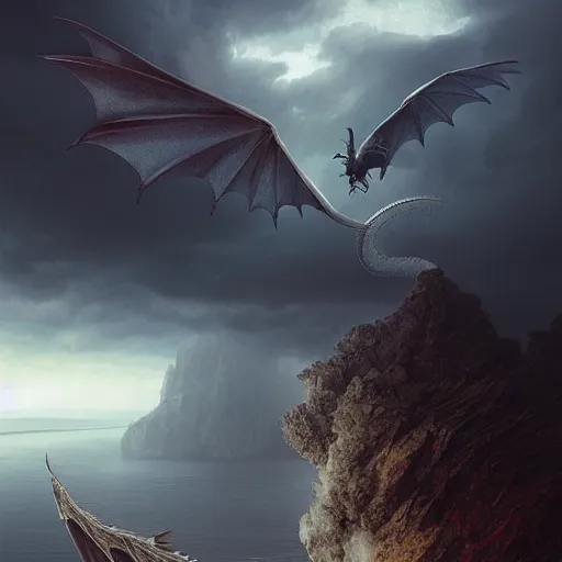 Image similar to dragon, huge wings, bad weather ， spitfire ， photography, hyperrealistic, by beeple, greg rutkowski, caspar david friedrich, smooth, illustration, elegant, artstation, digital painting.