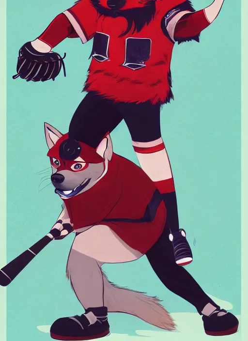 Image similar to commissioned full body portrait of a male anthro aslakan malamute with red fur playing baseball in a baseball stadium wearing a baseball uniform, by a professional manga illustrator, by Kilian Eng, by Sandra Chevrier, trending on artstation