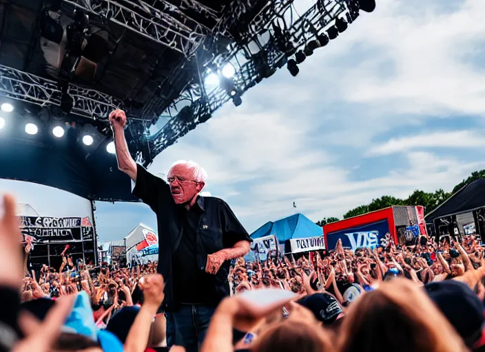 Image similar to photo still of bernie sanders at vans warped tour!!!!!!!! at age 8 0 years old 8 0 years of age!!!!!!! on stage shredding guitar, 8 k, 8 5 mm f 1. 8, studio lighting, rim light, right side key light