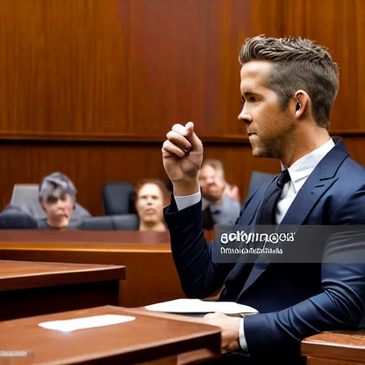 Image similar to news photo of ryan reynolds in courtroom on trial, lawyer sitting beside him, highly detailed, extremely high quality, hd, 4 k, 8 k, professional photographer, 4 0 mp, lifelike, top - rated, award winning, realistic, detailed lighting, detailed shadows, sharp, no blur, edited, corrected, trending