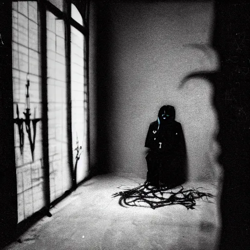 Image similar to creepy Liminal interior of Sad Satan, masked person in corner, in the style of 35mm flash photography, award winning photograph,