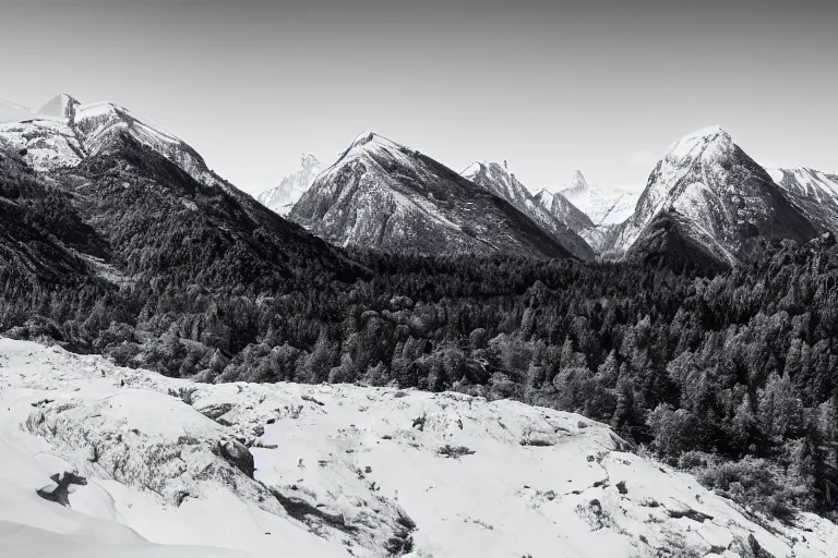 Prompt: distant dinosaur in a valley, huge snowy peaks, in the style of ansel adams, black and white, old, master photography