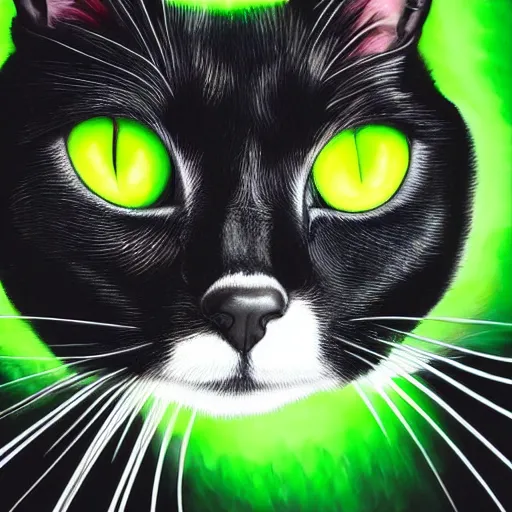 Image similar to a portrait of a beautiful black and white cat in space wearing a tuxedo with colorful bright green eyes, medium shot, hd, 8k, hyper-realism, detailed,