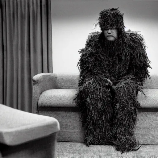 Prompt: a man wearing a ghillie suit, sitting in a waiting room, film still, panavision panaflex