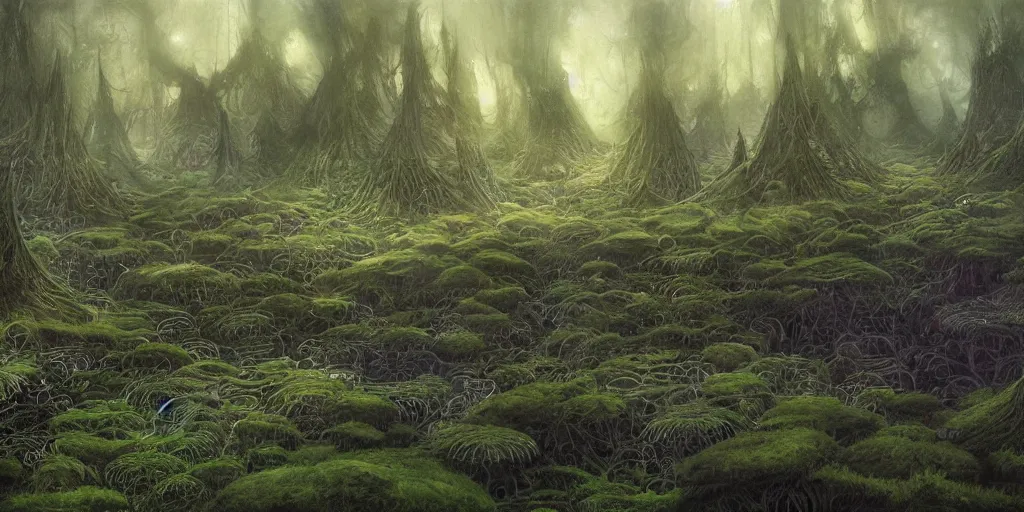 Image similar to Artwork of the Cinematic view of a diatoms forest by John Howe, Trending on artstation