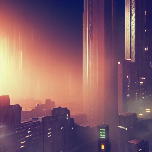 Image similar to An expansive brutalist busy city made of concrete golden hour volumetric lighting highly detailed digital art trending on Artstation, blade runner