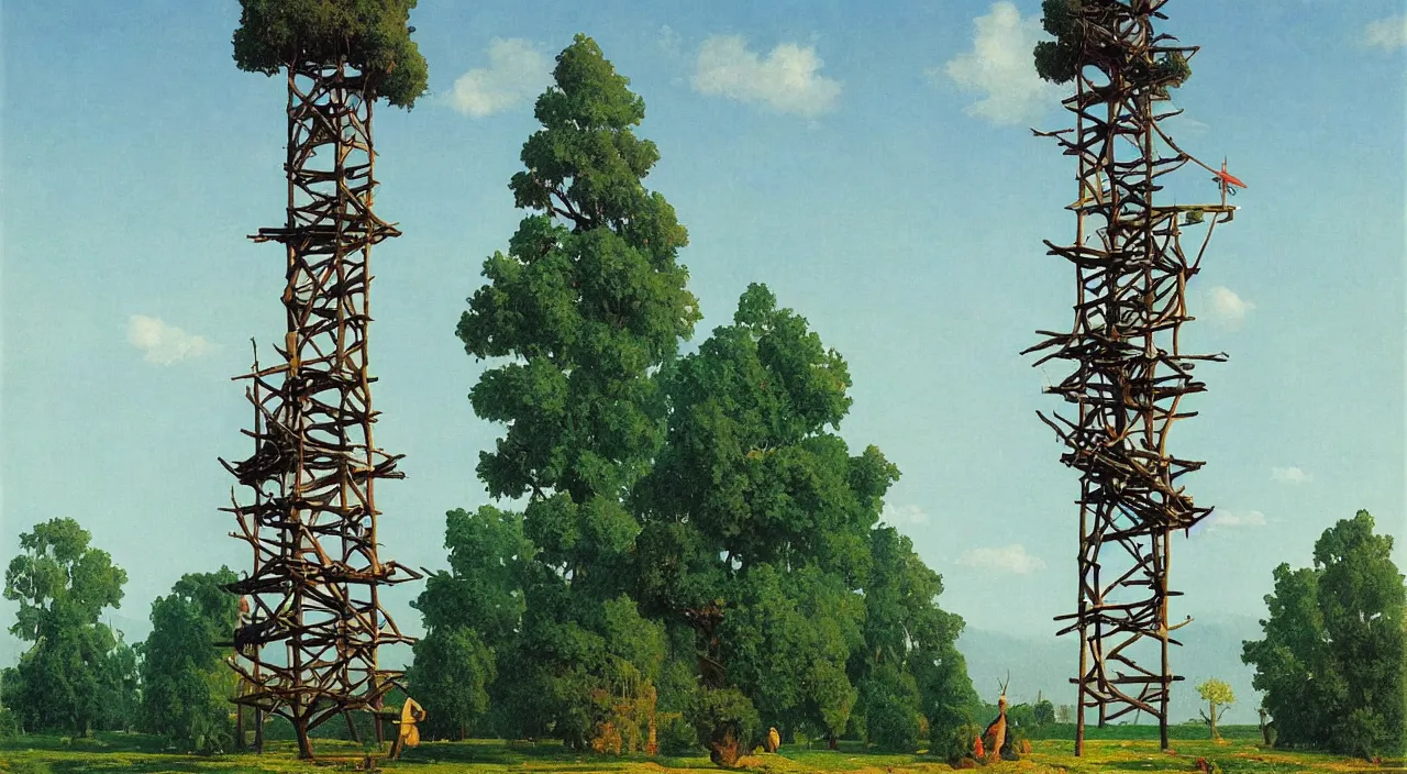 Image similar to single flooded simple wooden tree tower!, very coherent and colorful high contrast!! masterpiece by rene magritte simon stalenhag carl spitzweg syd mead norman rockwell edward hopper james gilleard, minimalist, dark shadows, sunny day, hard lighting