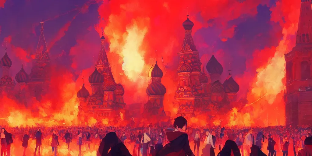 Image similar to high quality picture of burning Red Square in Moscow in flame, rich vivid colors, ambient lighting, dynamic lighting, 4k, HQ, official media, anime key visual, makoto shinkai, ilya kuvshinov, lois van baarle, rossdraws, detailed, trending on artstation