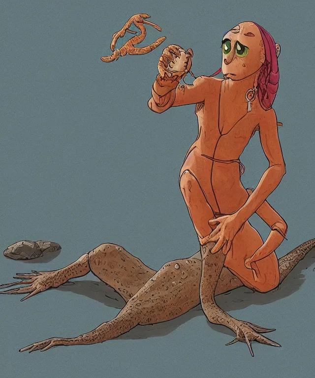 Image similar to the amiable, uneducated female anthropomorphic mudskipper martial artist searching for purpose. she has a leggy build. her wardrobe is dignified. in the style of jean giraud in the style of moebius trending on artstation deviantart pinterest photorealistic hd 8 k highlights and shadow detailed high resolution