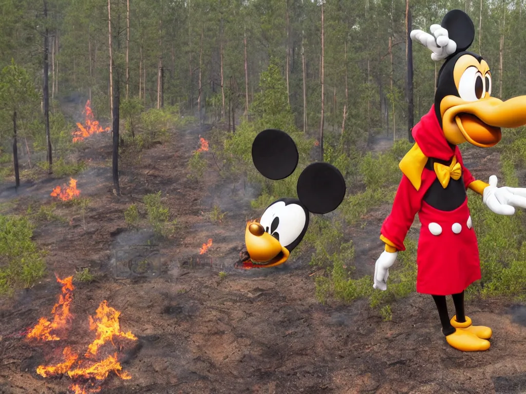 Image similar to disney's goofy trying to put out a wildfire somewhere in southern finland, smoky, ashes