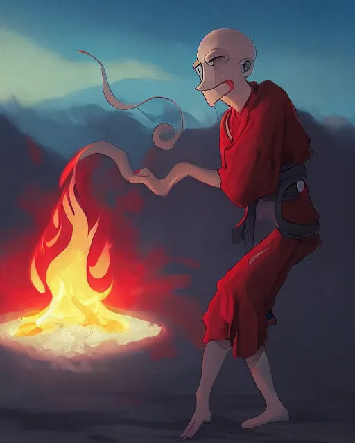 Prompt: squidward wearing fire nation clothing and practicing firebending outside at susnset, greg rutkowski