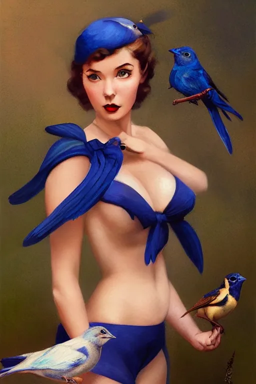 Image similar to hyper realistic painting, tasteful pinup girl holding an indigo bunting, bird, the bird is wearing a bowtie, by greg rutkowski, rossdraws, gil elvgren, enoch bolles, anime, porcelain skin, very coherent