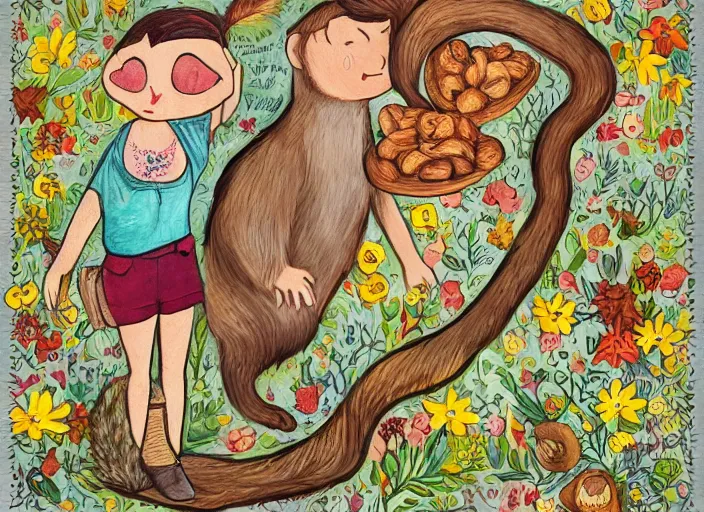 Prompt: 🐿🥜🛵☀, lowbrow, in the style of camille rose garcia,