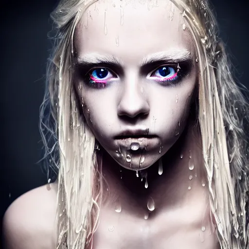 Image similar to A gorgeous blonde, grungy, unkept hair, glowing eyes, modelsociety, wet from rain, radiant skin, huge anime eyes, bright on black, dramatic, studio lighting, perfect face, intricate, Sony a7R IV, symmetric balance, polarizing filter, Photolab, Lightroom, 4K, Dolby Vision, Photography Award