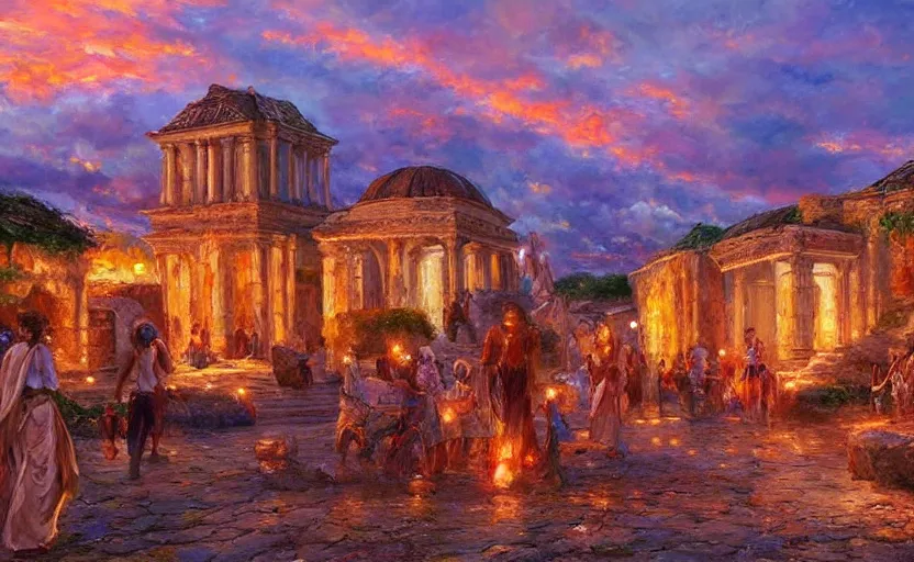 Prompt: Ancient elfic city at sunset. By Konstantin Razumov, highly detailded