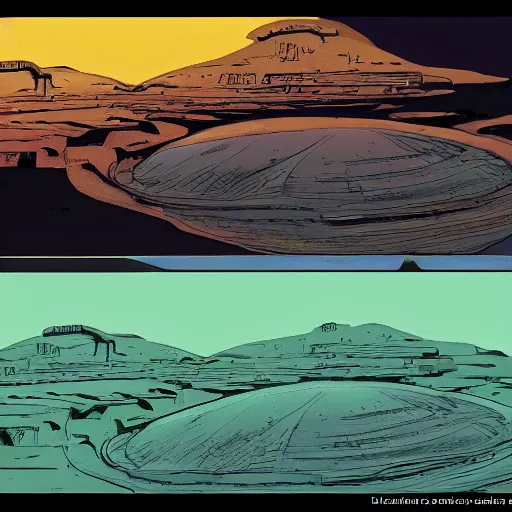 Image similar to western sci - fi planet in the style of moebius