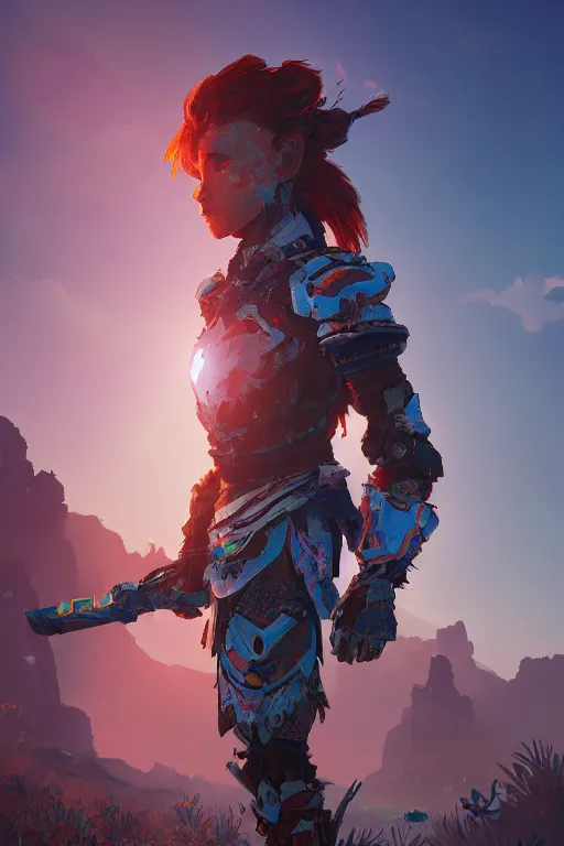 Image similar to combination suit armor aloy horizon forbidden west horizon zero dawn radiating a glowing aura global illumination ray tracing hdr fanart arstation by ian pesty and alena aenami artworks in 4 k tribal robot ninja mask helmet backpack