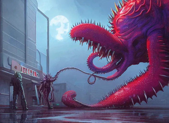 Image similar to giant monstrous aggressive spiked tentacle creature screaming at the camera, scene in a gas station with fluorescent lighting, epic science fiction horror digital matte painting by Moebius and Mark Brooks (and Greg Rutkowski), extremely detailed, artstation