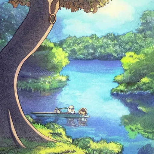 Image similar to a beautiful lake, fantasy art, 2 d, by studio ghibli