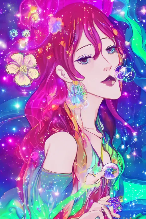 Prompt: psychedelic, whimsical, anime, 4k, beautiful intimate woman blowing smoke, with professional makeup, long trippy hair, a crystal and flower dress, sitting in a reflective pool, surrounded by gems, underneath the stars, rainbow fireflies, trending on patreon, deviantart, twitter, artstation, volumetric lighting, heavy contrast, art style of Ross Tran and Viktoria Gavrilenko