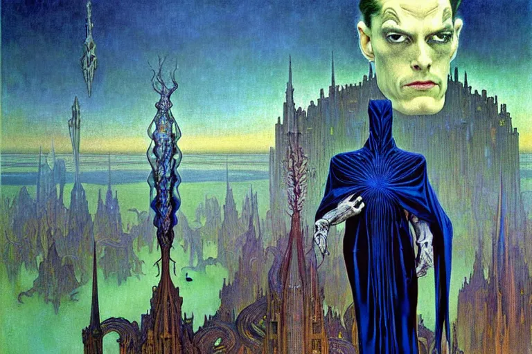 Image similar to realistic extremely detailed portrait painting of an elegantly creepy vampire man in a cape, futuristic sci-fi castle on background by Jean Delville, Amano, Yves Tanguy, Alphonse Mucha, Ernst Haeckel, Edward Robert Hughes, Roger Dean, rich moody colours, blue eyes