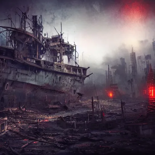 Image similar to apocalyptic, ruined future city. rusted future pirate ship with electronic thunders coming out. volumetric lighting, sharp focus, ultra detailed, cgsociety - w 1 0 2 4 - n 8 - i