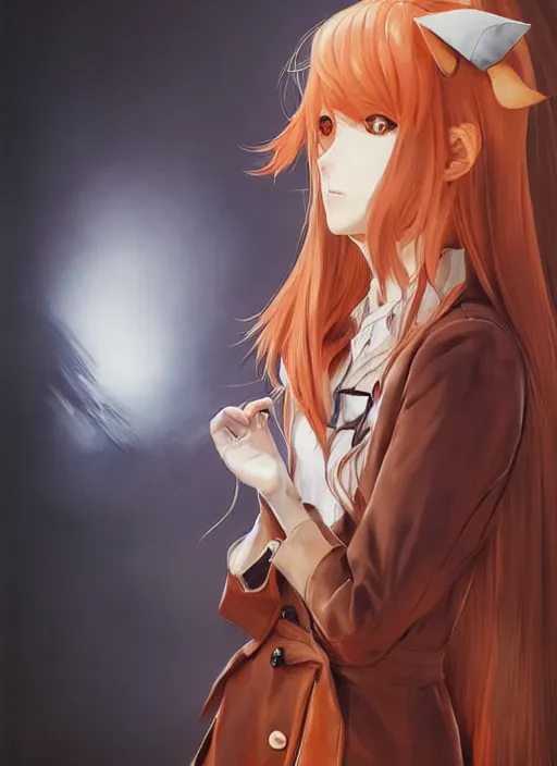 Image similar to portrait painting by shigenori soejima, beautiful girl, fox ears, focus on face, pretty, cinematic lighting, painterly, long wavy orange hair, light brown trenchcoat