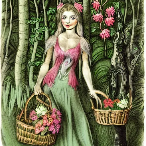 Image similar to In the body art Vasilisa can be seen standing in the forest, surrounded by animals. She is holding a basket of flowers in one hand and a spindle in the other. Her face is turned towards the viewer, with a gentle expression. In the background, the forest is depicted as a dark and mysterious place. botanical illustration, pastel green by Genndy Tartakovsky, by Charles Angrand peaceful