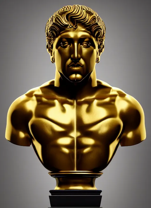 Image similar to stylized gold and black ornate statue bust made of marble of hercules, perfect symmetrical body, perfect symmetrical face, hyper realistic, hyper detailed, by johannen voss, by michelangelo, octane render, blender, 8 k