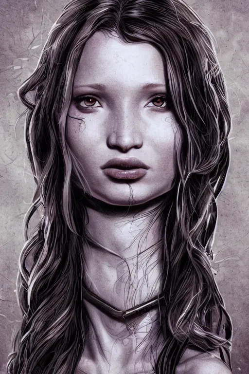 Prompt: fantasy comic book style portrait of a gorgeous teen slave who looks like emily browning, sweaty, hyper realistic, illustration, trending on artstation, HD, 4k, 8k, intricate detailed anatomy, character design, by james gurney