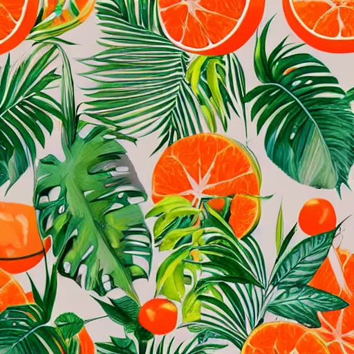 Prompt: mot mot bird in the rainforest with tropical leaves, in an art noveau style, with oranges, greens and pastels