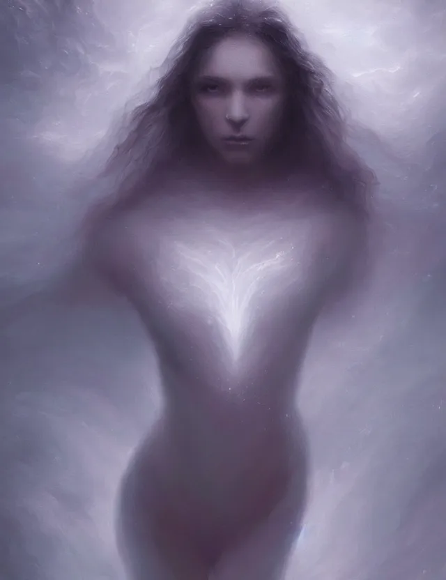 Image similar to A woman made of mist, dramatic atmosphere, masterpiece digital painting by Alex Grey, Greg Rutkowski, 4k wallpaper