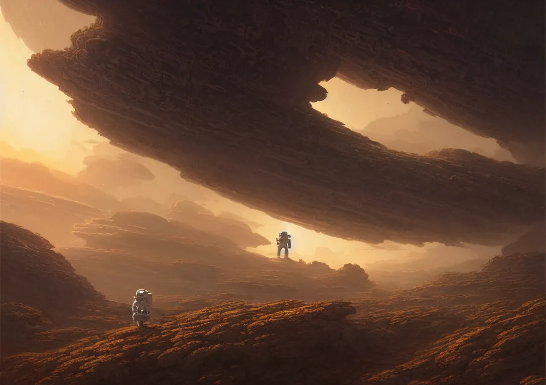 Prompt: an astronaut exploring lush surface of another planet at dusk, ruins of ancient civilization are visible, ultra high definition, ultra detailed, symmetry, sci - fi, studio ghibli color scheme, by greg rutkowski and ross tran