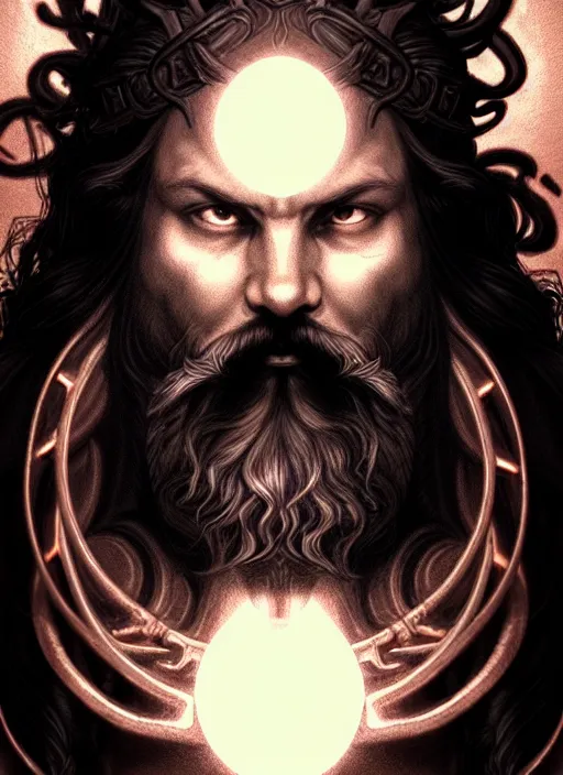 Prompt: furious god zeus, wavy black hair, bushy beard, glowing eyes, thunder forehead tattoo, volumetric lights, rose gold scheme, art nouveau botanicals, gothic, intricate, highly detailed, digital painting, artstation, concept art, smooth, sharp focus, symmetric face, illustration, steampunk, art by artgerm and greg rutkowski and alphonse mucha