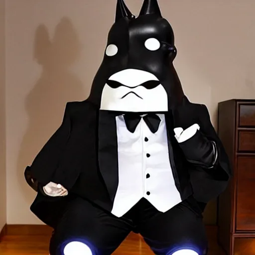 Image similar to a tuxedo for a big man with small legs, heart shaped goden mask with white lights for eyes.