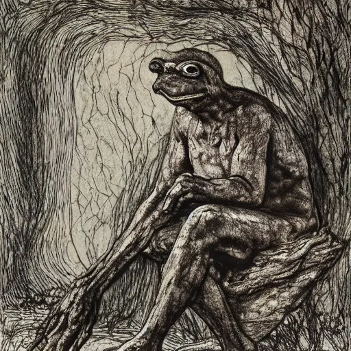 Image similar to toad philosopher The Thinker, swamp, by Auguste Rodin, by Irving Penn, illustrations by irish fairy tales james stephens arthur rackham, illustrations by Stephen Reid