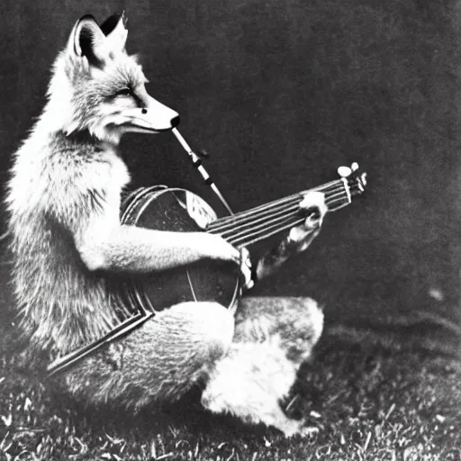 Prompt: Kodak photograph of a fox playing banjo, circa 1912