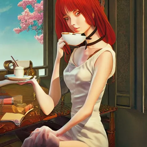 Prompt: Full body portrait of a sorceress sipping tea in her sunlit study, fantasy, digital illustration, exquisitely detailed, Ilya Kuvshinov, Hayao Miyazaki, Kazuma Kaneko