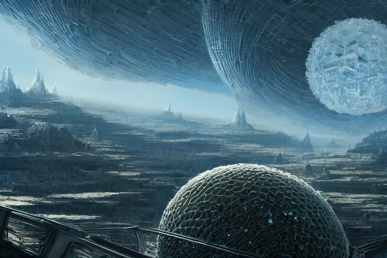 Prompt: A very highly detailed dyson sphere next to a very tiny and very highly detailed smooth Earth concept art by Greg Rutkowski, neofuturistic highly detailed, digital concept art, Dimensional cyan gold natural light, sharp focus, realistic concept art by Stephen Hickman and James Gurney and Hiromasa Ogura rendered in Octane Render, From the distance