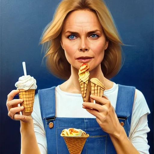 Image similar to a blonde fuller figured middle aged barbara bach from the bond film wearing blue dungarees and eating ice creams in porto, real life skin, intricate, elegant, highly detailed, artstation, concept art, smooth, sharp focus, art by artgerm and greg rutkowski and alphonse mucha