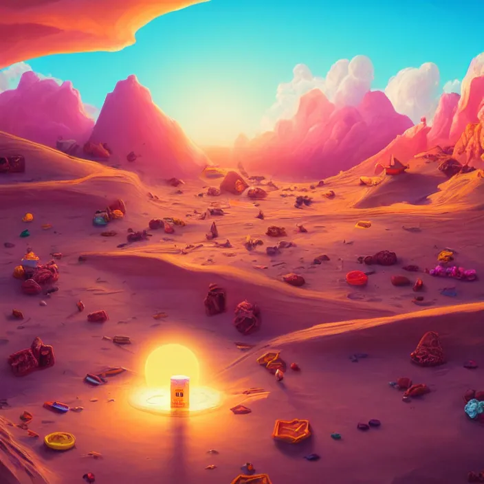 Image similar to desert made from icecream and candies, caramel colorful sun, luminescent sky, handsome, intricate, detailed, volumetric lighting, scenery, digital painting, highly detailed, artstation, sharp focus, illustration, 8 k, hyper realistic, magic world, cartoon