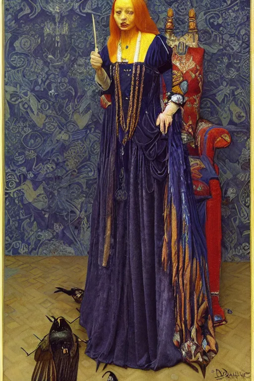 Image similar to portrait of the queen of crows, by Donato Giancola and John Bauer and Vermeer, embroidered velvet waistcoat, iridescent beetles, rich color, featured on Artstation, cgisociety, unreal engine, extremely detailed