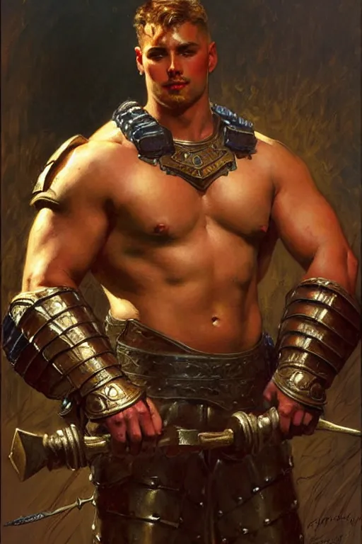 Image similar to attractive beefy male with armor, character design, painting by gaston bussiere, craig mullins, j. c. leyendecker, tom of finland