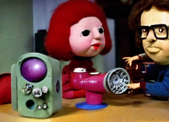 Prompt: a scene from a 1 9 7 0 s british kids tv programme by the bbc and oliver postgate, stop motion animation, peter dinklage, vhs distortion, cathode ray tube distortion, folk horror, hauntology