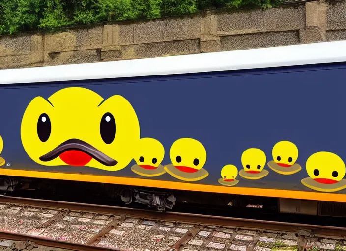 Prompt: The duck emoji spray-painted on the side of a train car, award winning photo, 8k