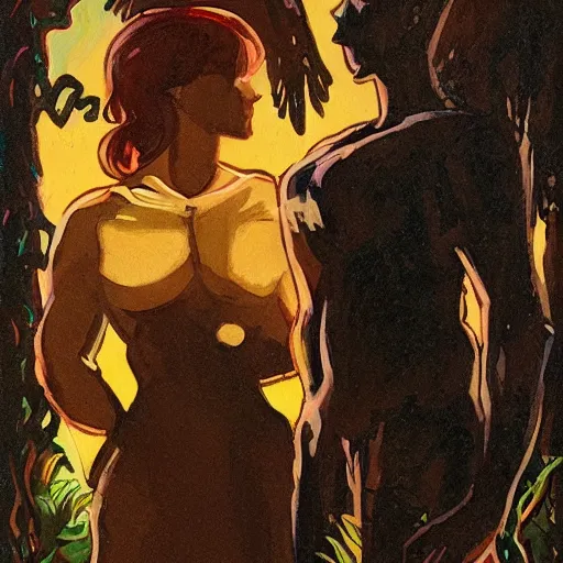 Prompt: short-haired heroic stoic handsome blonde butch tomboy woman engineer standing beside dark fae feathered gothic Jennifer Connelly in garden at night, in love, Mike Mignola, trending on art station, oil painting