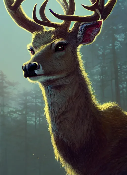 Image similar to highly detailed portrait fantastic mr deer in gta v, stephen bliss, unreal engine, fantasy art by greg rutkowski, loish, rhads, ferdinand knab, makoto shinkai and lois van baarle, ilya kuvshinov, rossdraws, tom bagshaw, global illumination, radiant light, detailed and intricate environment