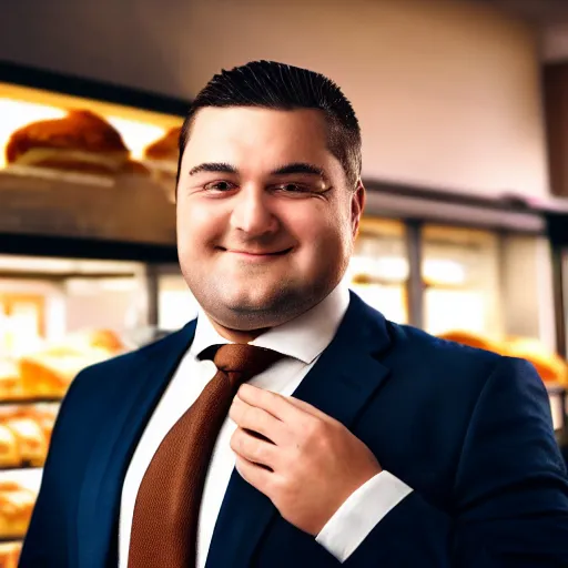 Prompt: Close up portrait of a clean-shaven chubby man wearing a brown suit and necktie with a bakery in the background. Photorealistic. Award winning. Dramatic lighting. Intricate details. UHD 8K. He looks very happy.