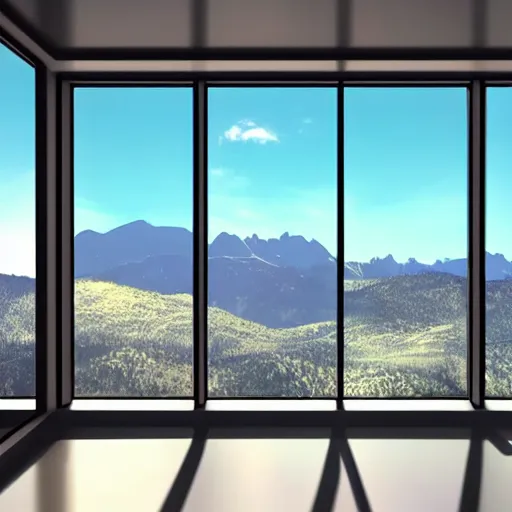 Prompt: looked at big window, mountains in background, sunny day time, clear sky, futuristic, furnitures, ultra realistic, ultra detailed, cinematic light