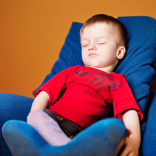 Prompt: small firefighter, asleep on blue reclining chair, dark hair